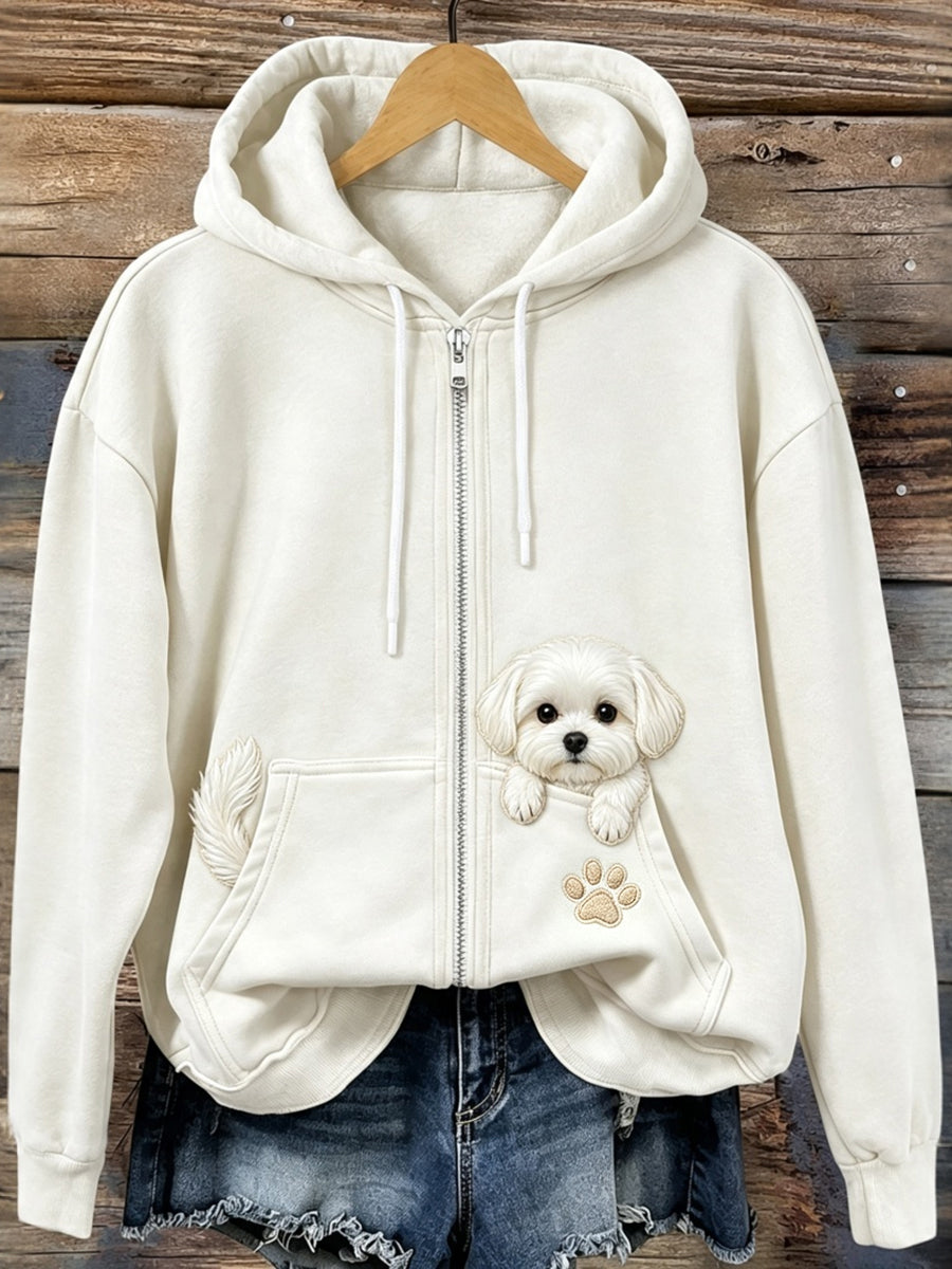 Naisten söpö Peeking Maltan koira Print Zip-Up Hoodie Print
