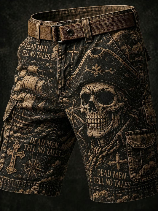 Vintage Dark Pirate-Punk Graphic Print Casual Cargo Shorts