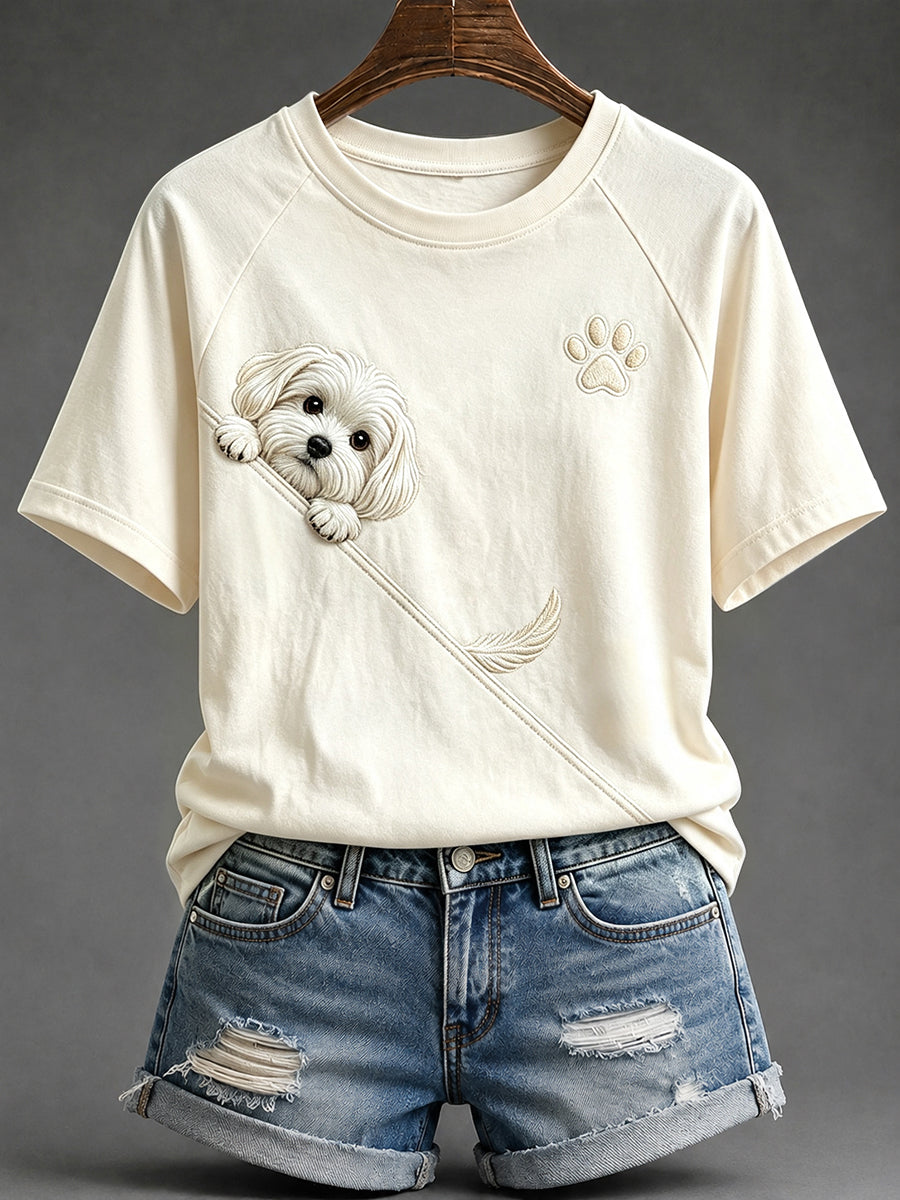 Naisten söpö Peeking maltese koira kanssa Tassu tulosta pyöreä kaula Short Sleeve T-paita
