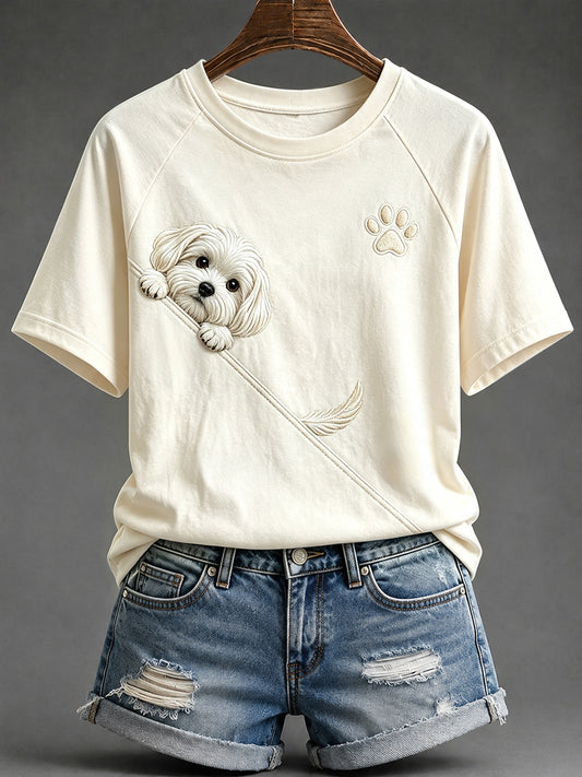 Naisten söpö Peeking maltese koira kanssa Tassu tulosta pyöreä kaula Short Sleeve T-paita