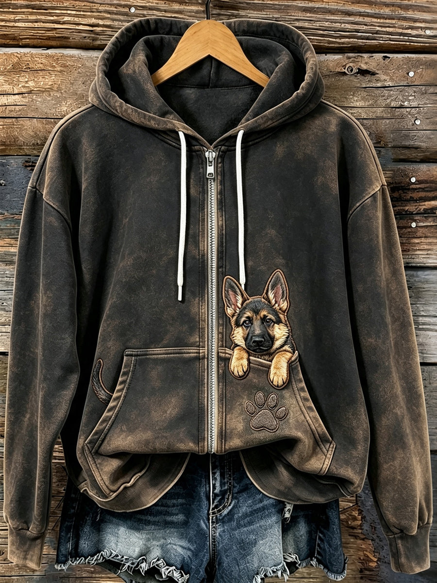 Naisten söpö Peeking saksanpaimenkoira Tulosta Zip-Up Hoodie.