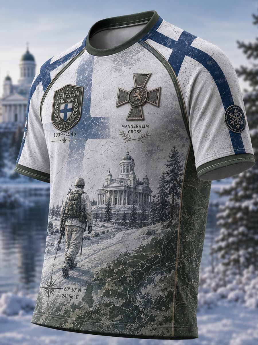 Miesten vintage-suomalainen Veteraani-Sisu-hengen muistopaita painokuvioinnilla