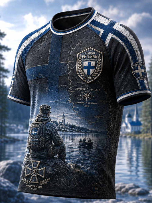 Miesten vintage-suomalainen Veteraani-Sisu-hengen muistopaita painokuvioinnilla