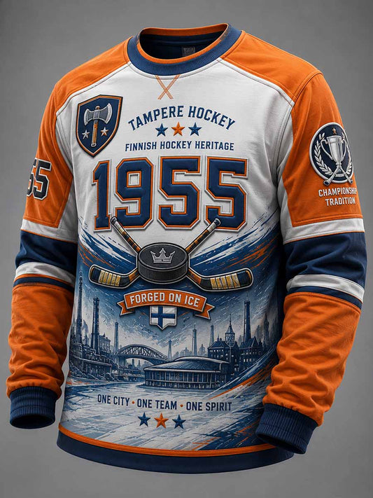 Miesten vintagetyylinen jääkiekko Tappara 1955 -juhlapainoksettu collegepaita