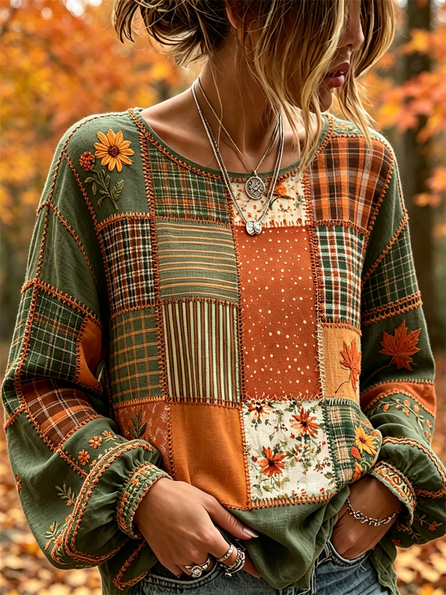 Naisten Vintage Fallen Leaves Kukka väriblock lapset tulosta puuvilla-Linen paita
