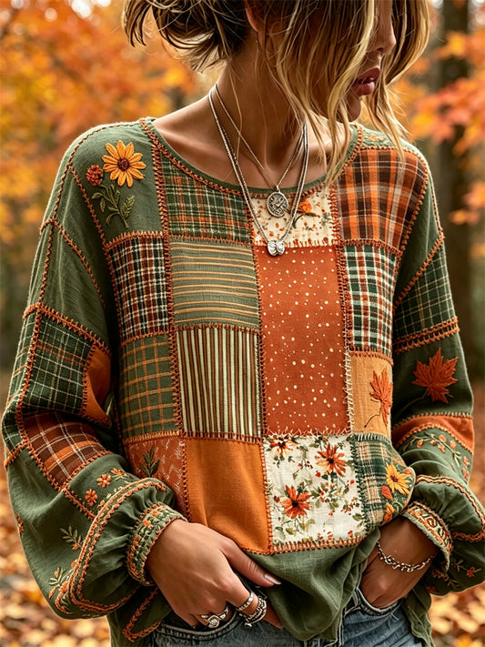 Naisten Vintage Fallen Leaves Kukka väriblock lapset tulosta puuvilla-Linen paita