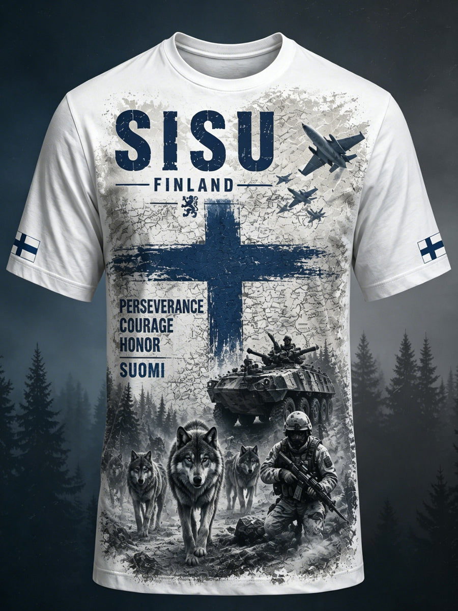 Miesten retro suomalainen veteraanien sisuhenki pyöreäkaulainen t-paita
