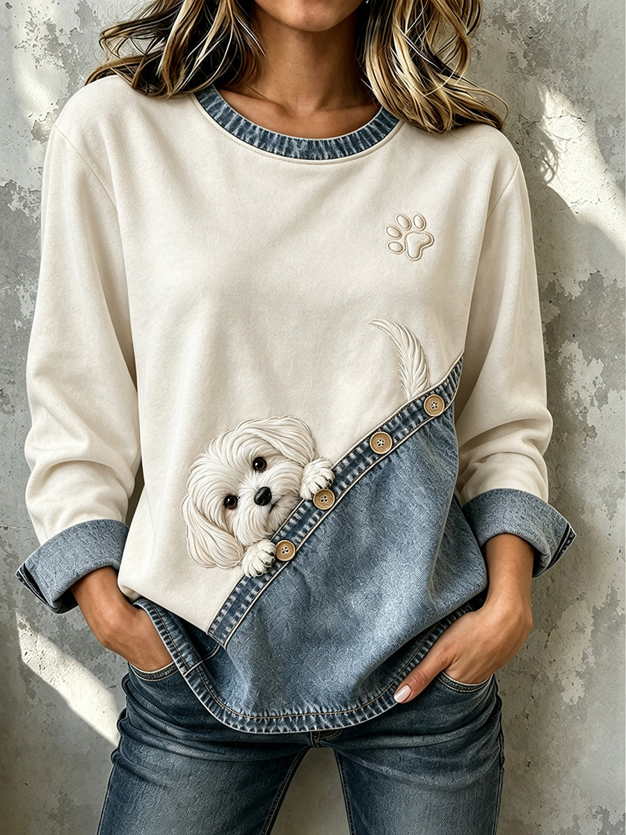 Naisten Vintage Peeking Maltan koira & Tassu Print Casual Nappi Sweatshirt