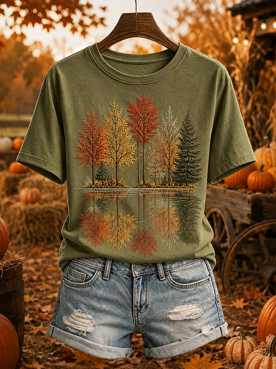 Naisten Fall Trees Reflection Tulosta Viihtyisä lyhythiha T-paita