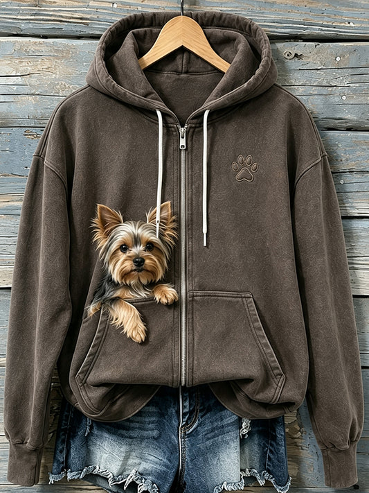 Naisten söpö Peeking Yorkshire Terrieri & Puu Print Cozy Zip-Up Hoodie Print
