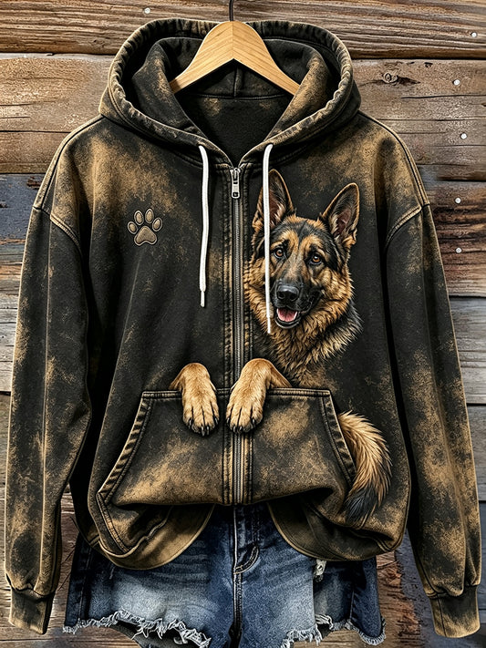 Naisten Söpö Peeking Saksanpaimenkoira & Pussu Tulosta Viihtyisä Zip-Up Hoodie