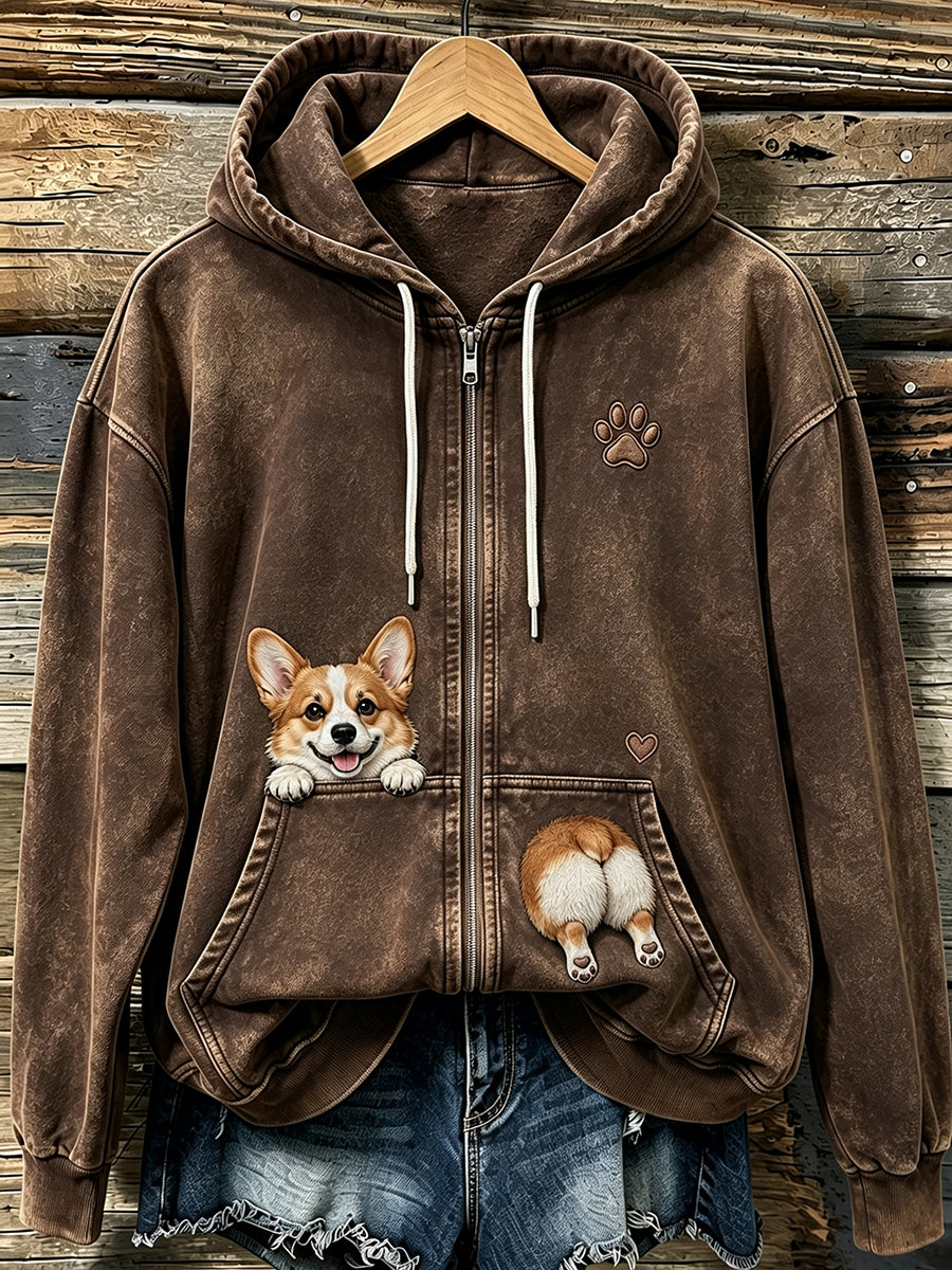 Naisten söpö Peeking Corgi & Puw Tulostus Viihtyisä Zip-Up Hoodie.