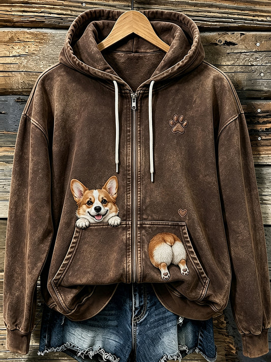 Naisten söpö Peeking Corgi & Puw Tulostus Viihtyisä Zip-Up Hoodie.