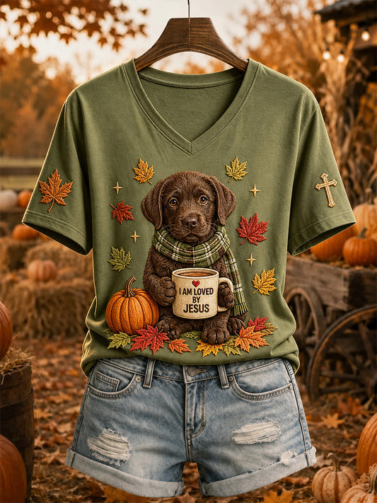 Naisten Jeesus rakastaa Labrador Retriever Fall Leaves Tulosta lyhythihihainen T-paito