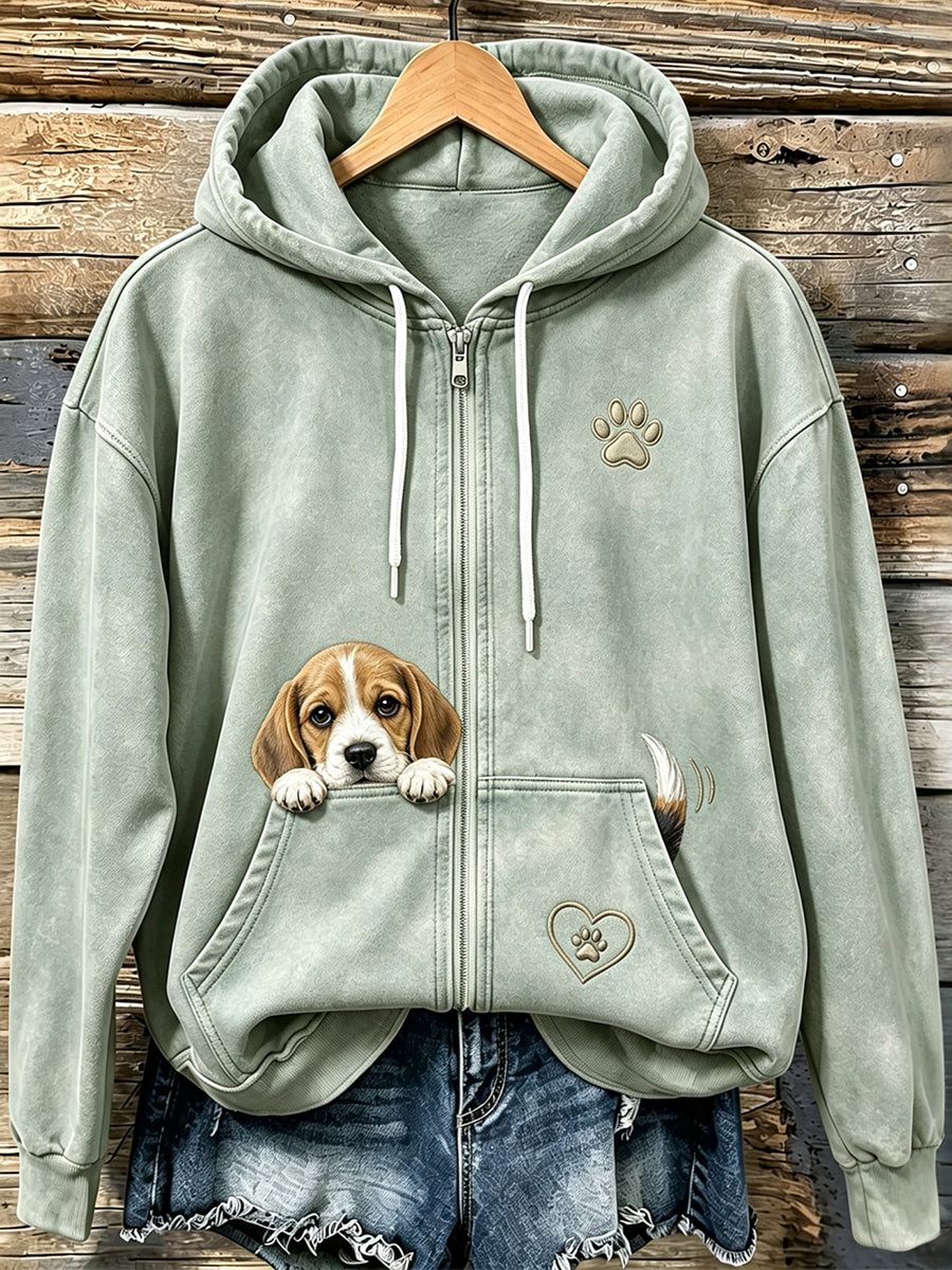 Naisten söpö Peeking Beagle & Puw Tulosta Viihtyisä Zip-Up Hoodie.