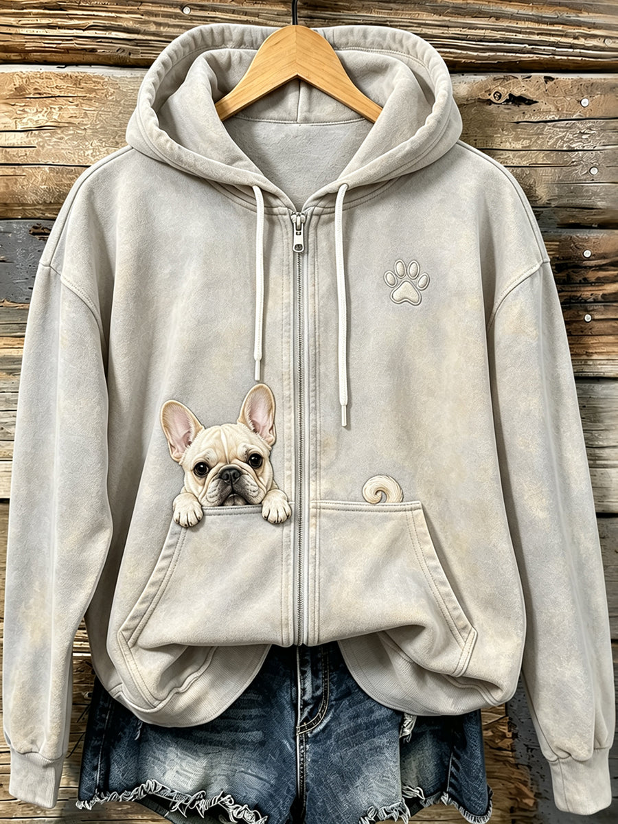 Naisten söpö peeking ranskalainen Bulldog & Vassu tulosta Viihtyisä Zip-Up Hoodie.
