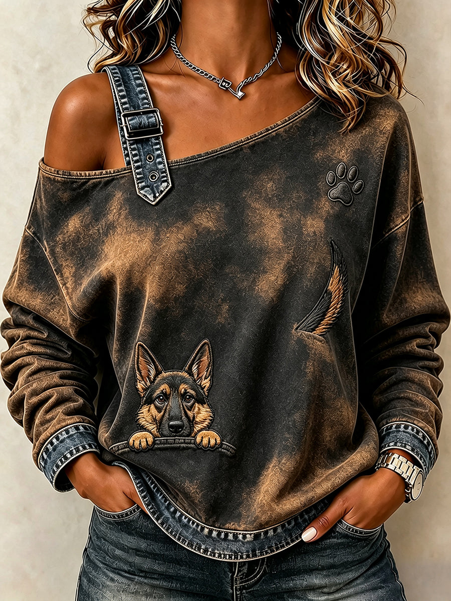 Naisten Peeking Saksanpaimenkoira & Puu tulosta mukava Off-Shoulder Sweatshirt