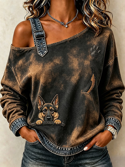 Naisten Peeking Saksanpaimenkoira & Puu tulosta mukava Off-Shoulder Sweatshirt