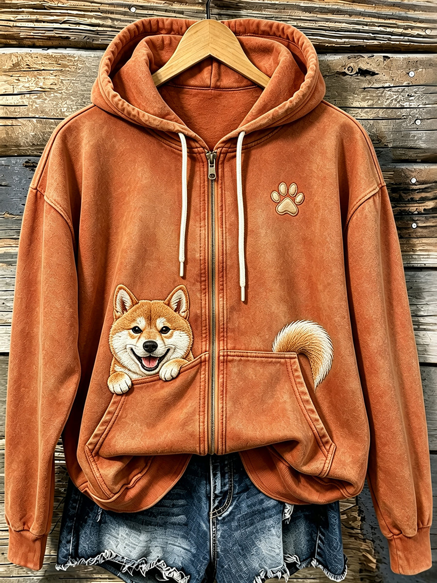 Naisten söpö Peeking Shiba Inu & Paw Tulosta Viihtyisä Zip-Up Hoodie
