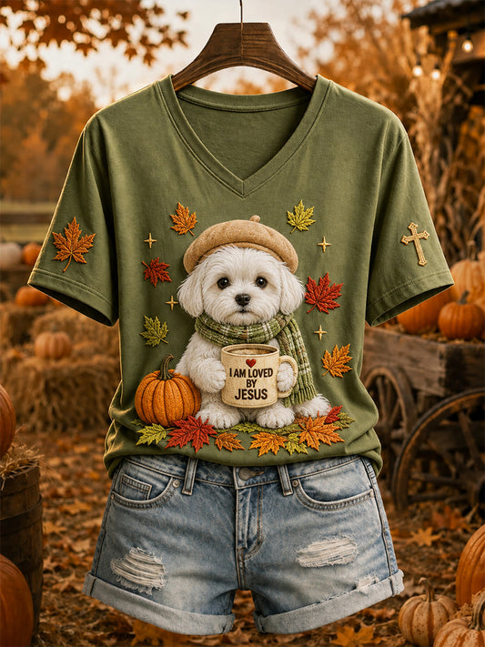 Naisten Jesus Loves Maltese Fall Leaves Tulosta Short-sleeved T-paita