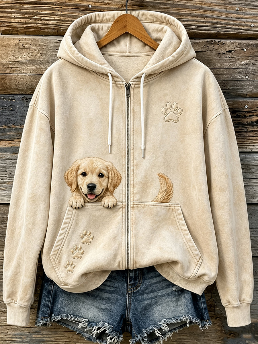 Naisten söpö Peeking Golden Retriever & Puput Tulosta viihtyisä Zip-Up Hoodies