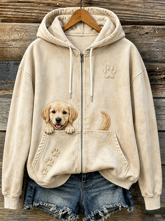 Naisten söpö Peeking Golden Retriever & Puput Tulosta viihtyisä Zip-Up Hoodies