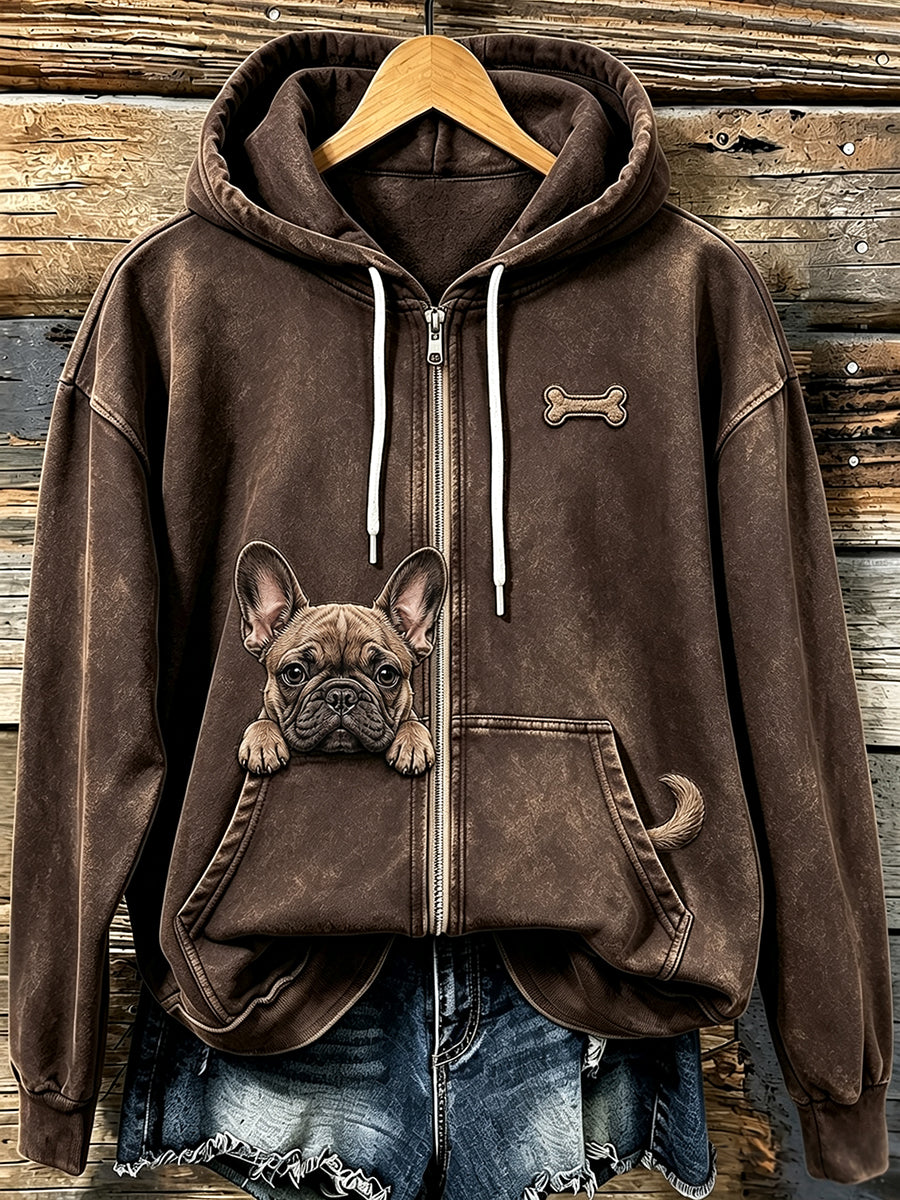 Naisten söpö peeking ranskalainen Bulldog & luun tulosta Viihtyisä Zip-Up Hoodie.
