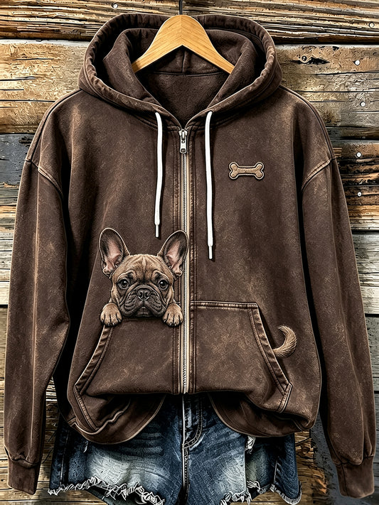 Naisten söpö peeking ranskalainen Bulldog & luun tulosta Viihtyisä Zip-Up Hoodie.