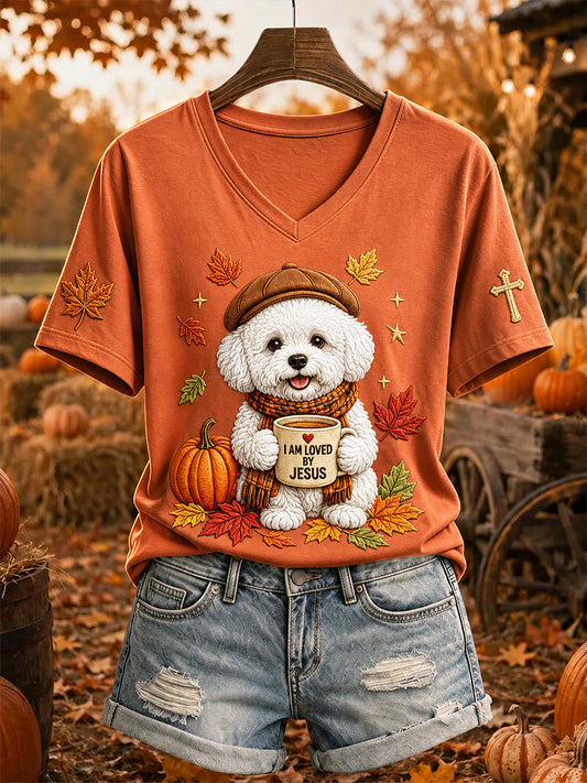 Naisten Jeesus Loves Bichon Frise Fall Leaves Tulosta Lyhyhkäinen T-paito