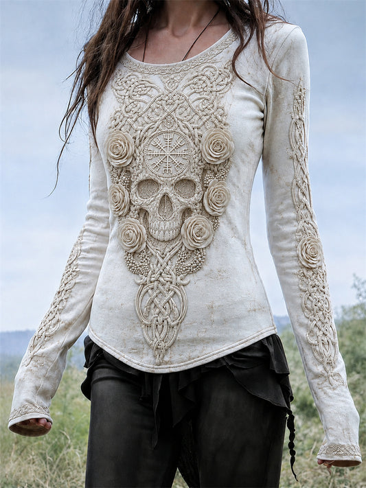 Naisten luokan kelttinen kallon ruusut Viking Vegvisir Celtic solmu Tulosta pyöreä kaula pitkähiha T-paiti