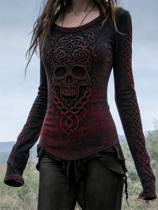 Naisten Vintage Celtic Skull Viking Celtic Solmu Verinen Tulosta pyöreä kaula Pitkähiha T-paito