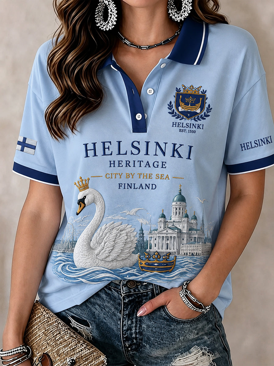 Naisten lyhythihainen poolopaita kaupunkimuistotaulukuvioinnilla