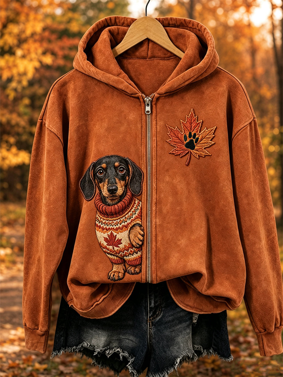 Naisten putoaminen Cozy Peeking Koira koira & Leaf Tulosta täysi Zip Hoodie.