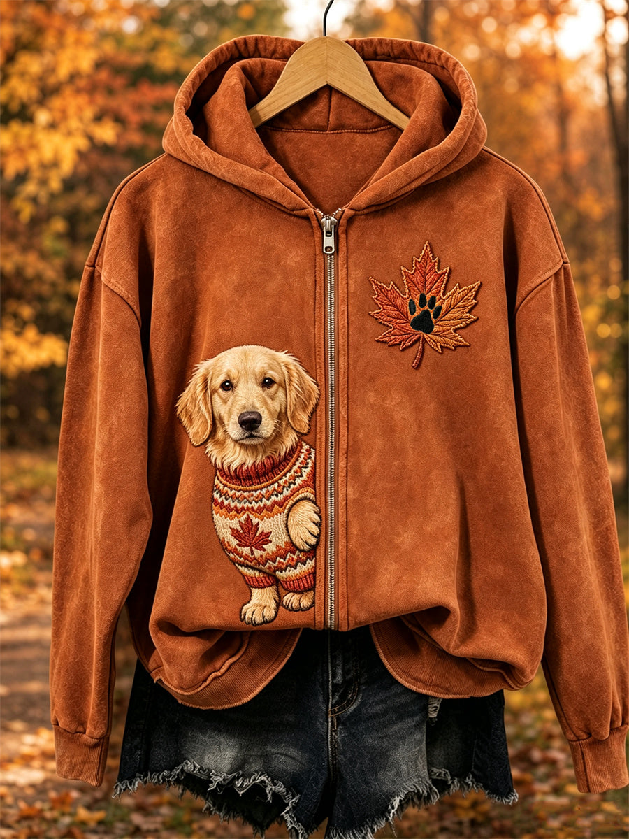 Naisten Fall Cozy Peeking Golden Retriever Koira & Leaf Tulosta koko Zip Hoodie Täys