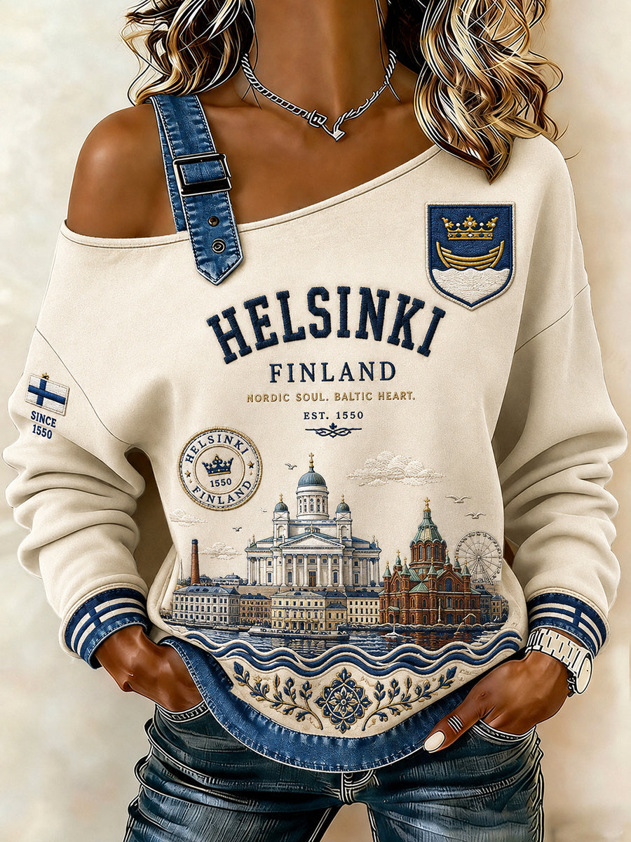Naisten kaupunki-teema graafinen tulosta pois-Shoudred Pitkihiha hihasta Sweatshirt