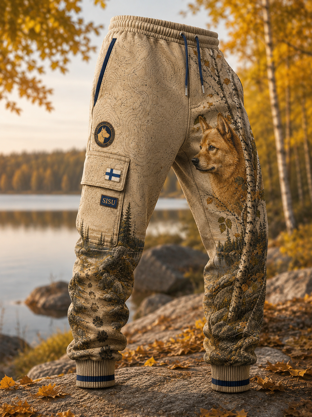 Miesten suomalainen taidetilkkutyylinen retroprintti vapaa-ajan housut