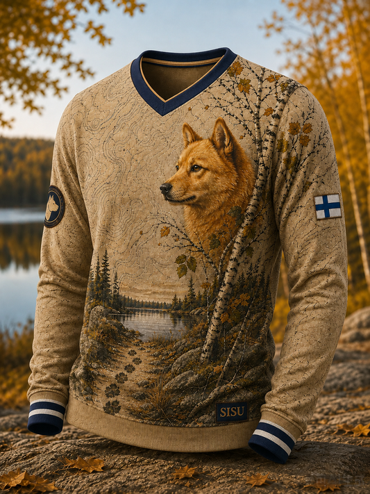 Miesten suomalainen taidetilkkutyylinen retroprintti pitkähihainen t-paita