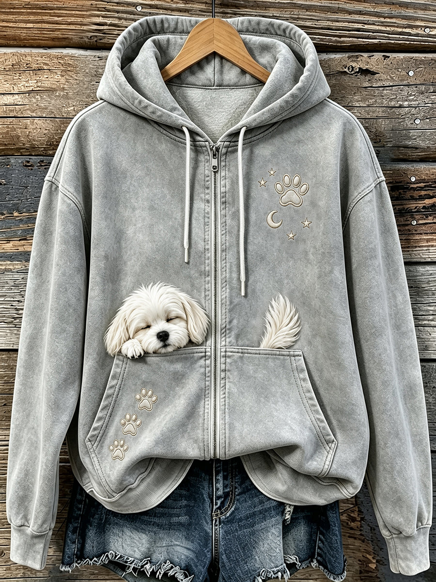 Naisten söpö nukkuminen Maltan & Tassat Tulosta Cozy Zip-Up Hoodie Print