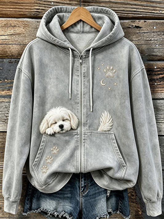 Naisten söpö nukkuminen Maltan & Tassat Tulosta Cozy Zip-Up Hoodie Print