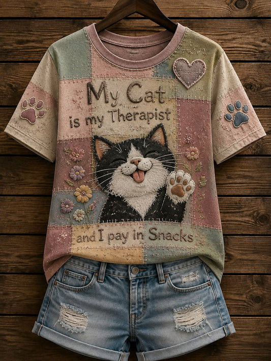 Naisten patchwork Funny Cat Print T-paita