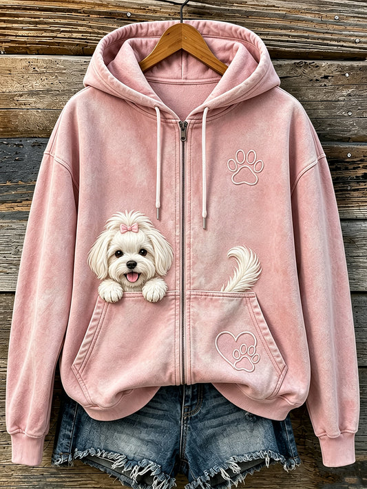 Naisten ihana Peeking Malta & Puw Print Cozy Zip-Up Hoodie Print