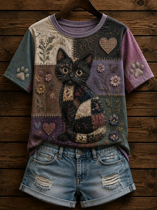 Naisten patchwork Floral Cat Print Casual Short-Sleeved T-paita