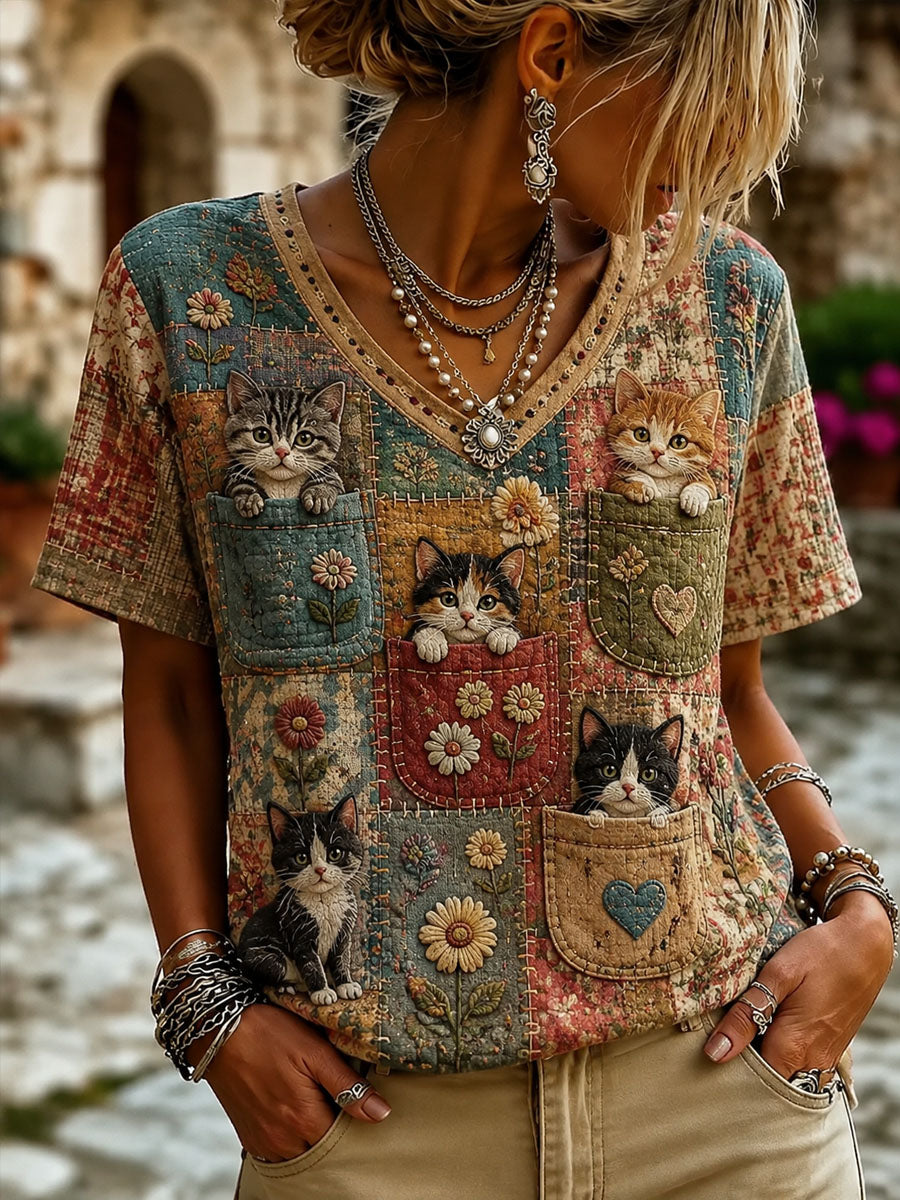 Naisten patchwork Cat Print Casual Short-Sleeved T-paita