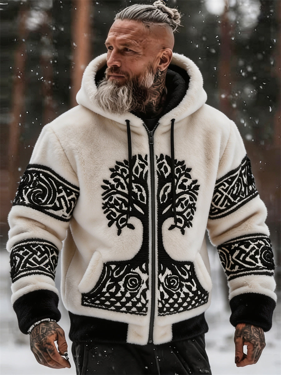 Miesten Vintage Viking puu elämän kelttinen solmu Tulosta koko Zip Cozy Flannel Hoodie.