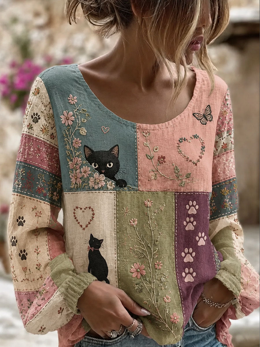 Naisten patchwork Cat Print Casual Pitkähihihaha