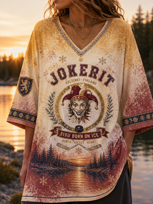 Naisten Suomen Jääkiekko Jokerit V-kaula Keskihiha T-paiti