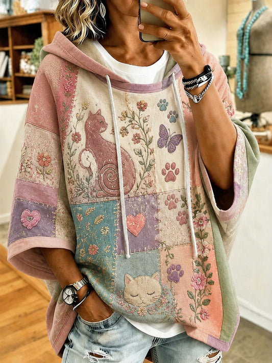 Naisten söpö patchwork Cat-Print Casual Hoodie.