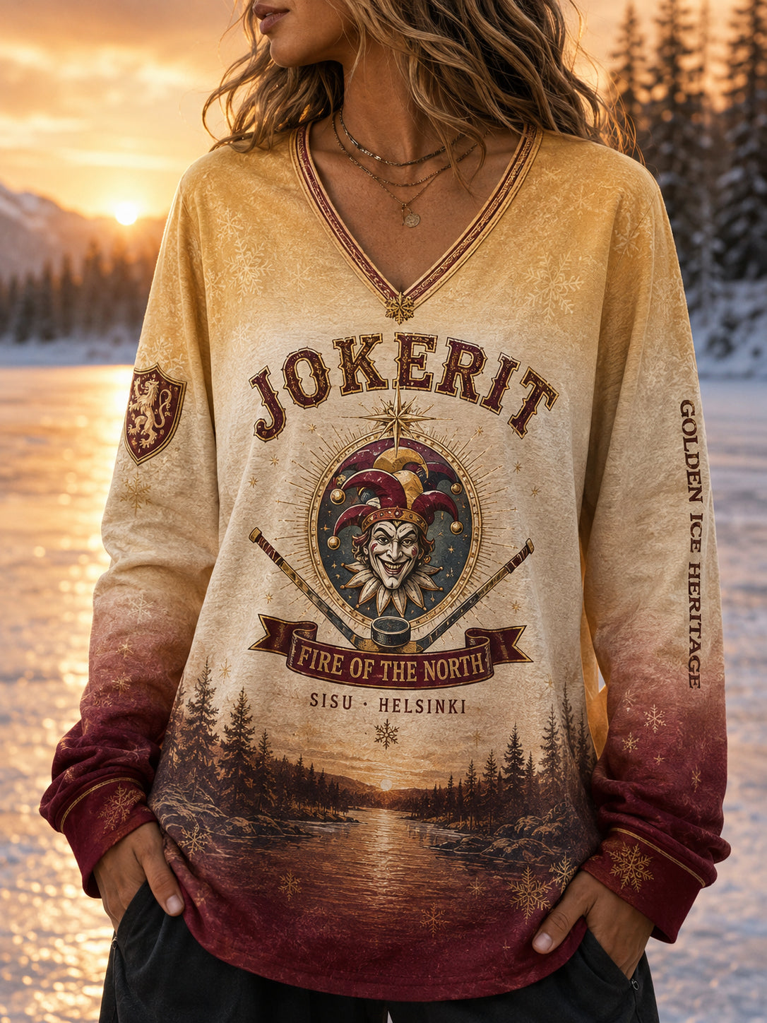 Naisten Suomen jääkiekko Jokerit V-Neck Pitkähiha päällä