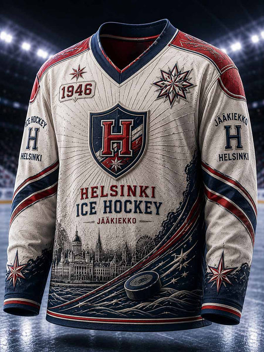 Miesten perinteinen jääkiekkotiimin kuosilla painettu collegepaita