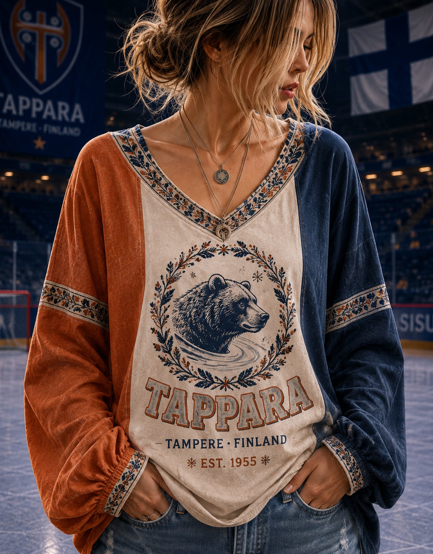 Naisten Suomi Jääkiekko Tappara V-Neck Pitkähihaa ylhäällä